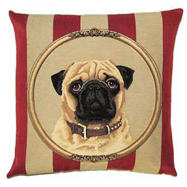 Cojín Pug con rayas rojas y blancas