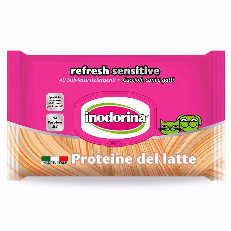 Salviette Inodorina Sensitive alle proteine del latte per cani e gatti