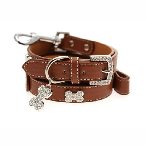 Collar para Perro de Cuero con Correa Diamante Marrón