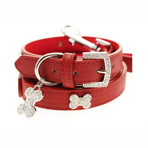 Collar para Perro de Cuero con Correa Diamante Rojo