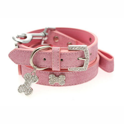 Collar para Perro de Cuero con Correa Diamante Rosa