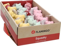 Flamingo -effo- dog toy display with bear, hippopotamus, and elephant